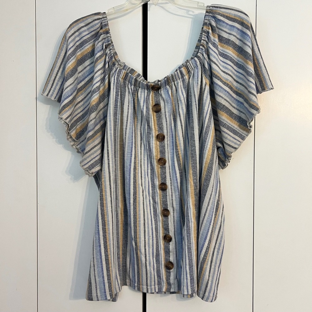Brina & Em Striped Flutter Sleeve Top 3X Blue Yellow Square Neck Button Front